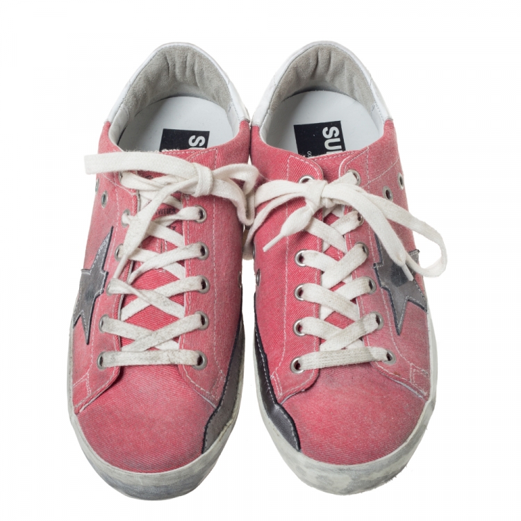 Pre Owned Golden Goose Pink Canvas and Leather Distressed Low Top Sneakers Size 37