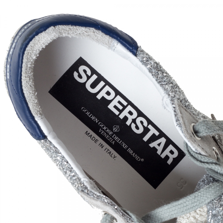 Pre Owned Golden Goose Deluxe Brand Silver Glitter Leather And Grey Suede Star Sneakers Size 35