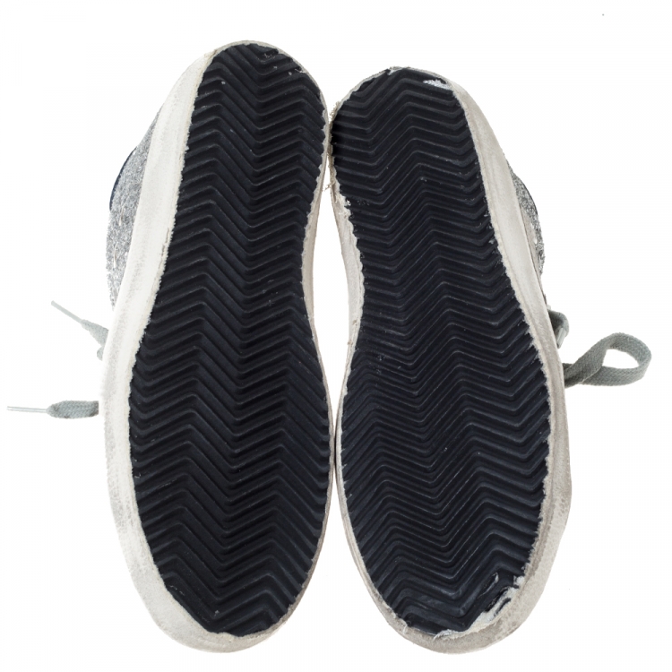 Pre Owned Golden Goose Deluxe Brand Silver Glitter Leather And Grey Suede Star Sneakers Size 35
