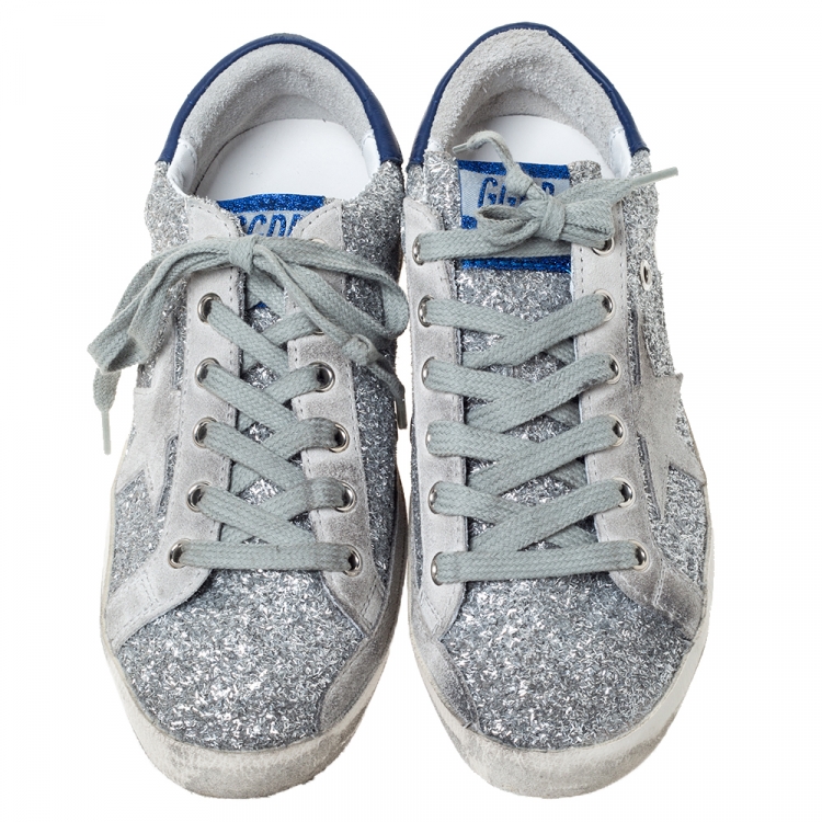 Pre Owned Golden Goose Deluxe Brand Silver Glitter Leather And Grey Suede Star Sneakers Size 35