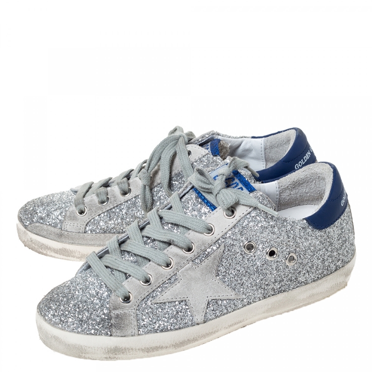 Pre Owned Golden Goose Deluxe Brand Silver Glitter Leather And Grey Suede Star Sneakers Size 35