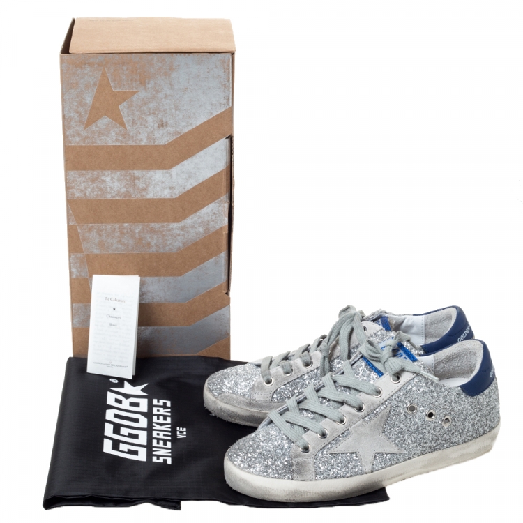 Pre Owned Golden Goose Deluxe Brand Silver Glitter Leather And Grey Suede Star Sneakers Size 35
