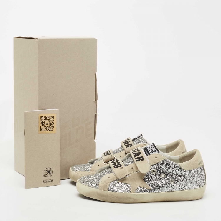 Pre Owned Golden Goose Grey/Silver Glitter and Suede Hi Star Sneakers Size 38