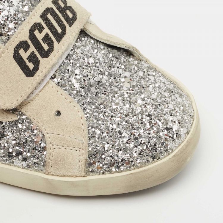 Pre Owned Golden Goose Grey/Silver Glitter and Suede Hi Star Sneakers Size 38