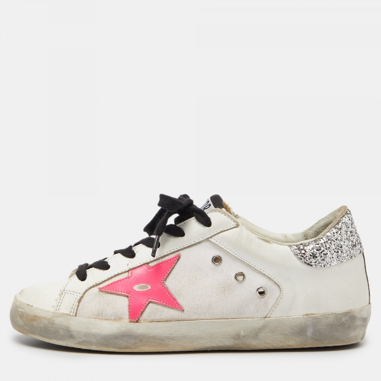 Pre Owned Golden Goose Tri Color Leather,Canvas and Glitter Superstar Low Top Sneakers Size 37