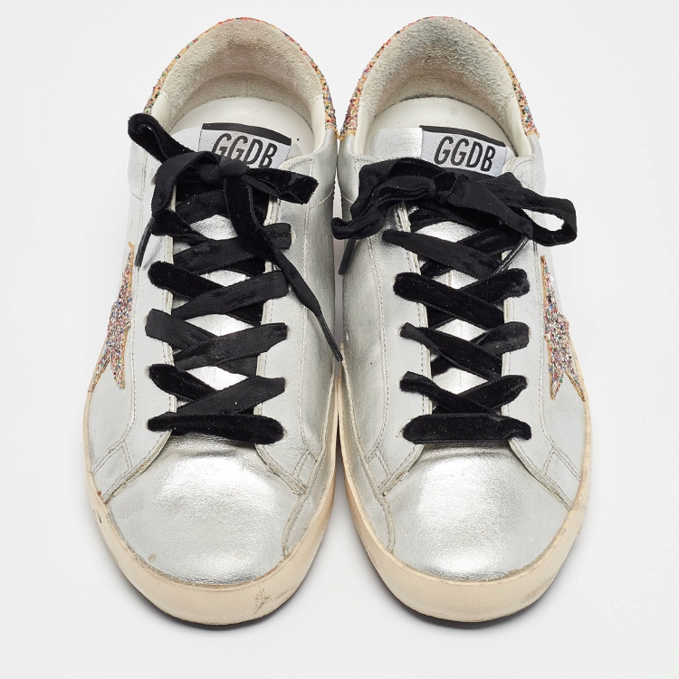 Pre Owned Golden Goose Sliver Leather and Glitter Superstar Sneakers Size 38