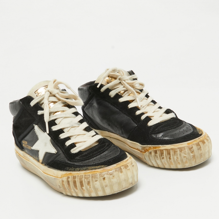 Pre Owned Golden Goose Black/White Leather and Suede Mid Star Sneakers Size 36