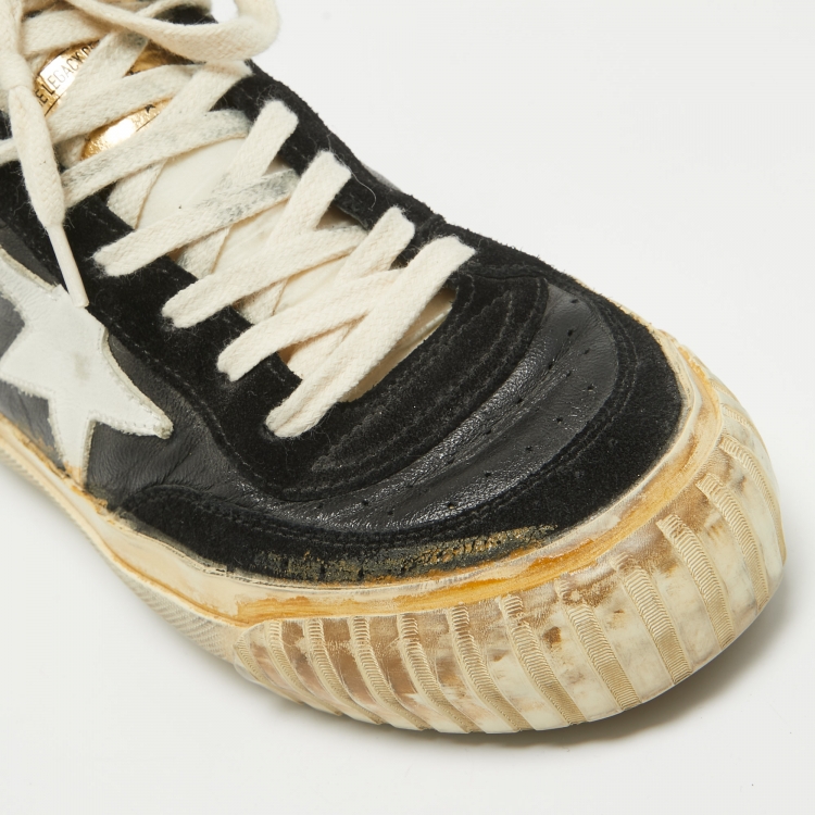 Pre Owned Golden Goose Black/White Leather and Suede Mid Star Sneakers Size 36