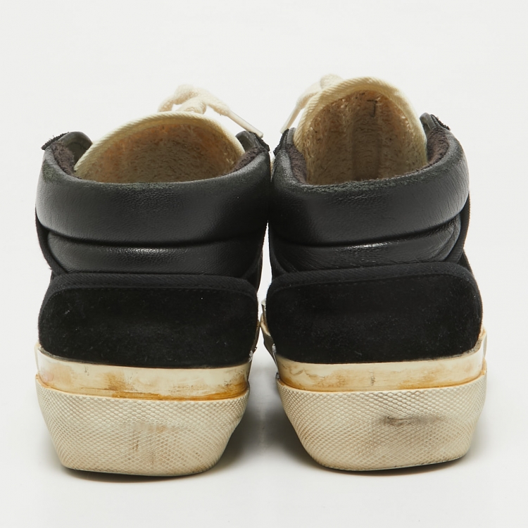 Pre Owned Golden Goose Black/White Leather and Suede Mid Star Sneakers Size 36