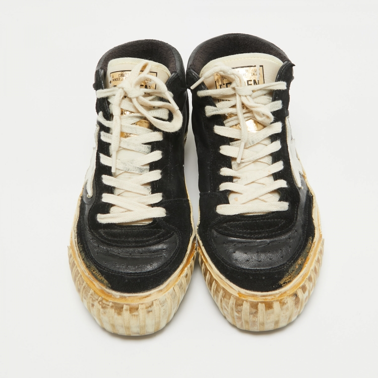 Pre Owned Golden Goose Black/White Leather and Suede Mid Star Sneakers Size 36
