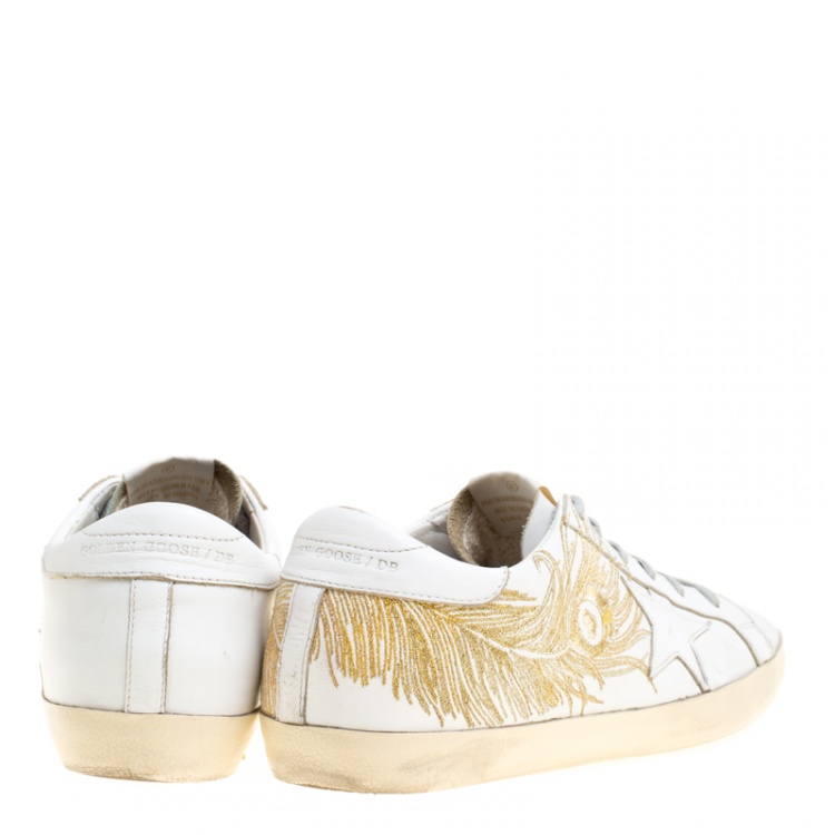 Pre Owned Golden Goose White Leather Superstar Feather Embroidered Sneakers Size 40