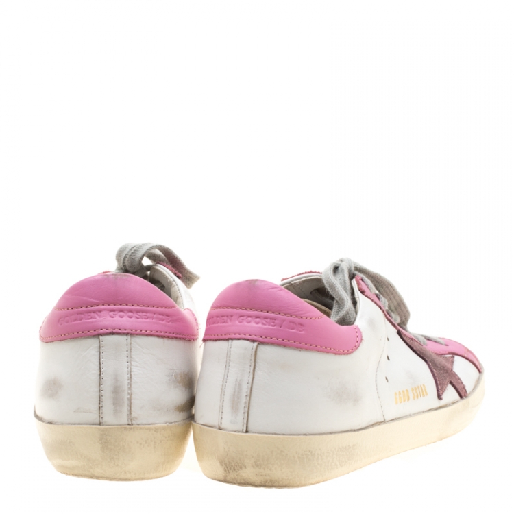 Pre Owned Golden Goose White And Pink Leather Star Applique Low Top Sneakers Size 37