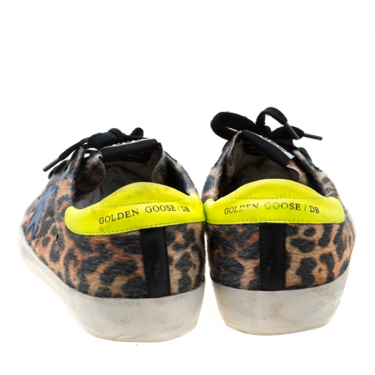 Pre Owned Golden Goose Leopard Print Calf Hair Superstar Distressed Lace Up Sneakers Size 39