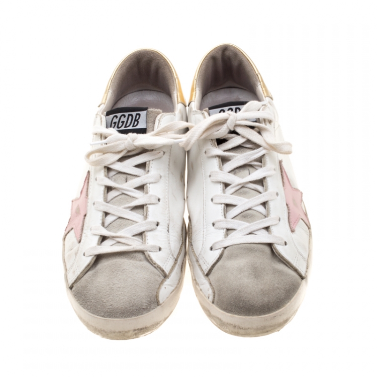 Pre Owned Golden Goose White Leather/Suede Superstar Lace Up Sneakers Size 39
