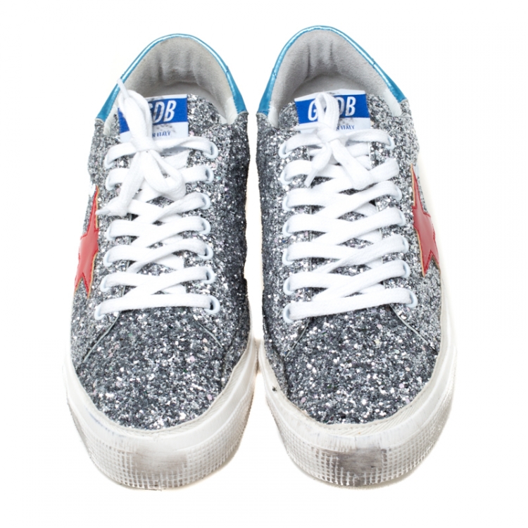 Pre Owned Golden Goose Metallic Silver Coarse Glitter Superstar Lace Up Sneakers Size 39