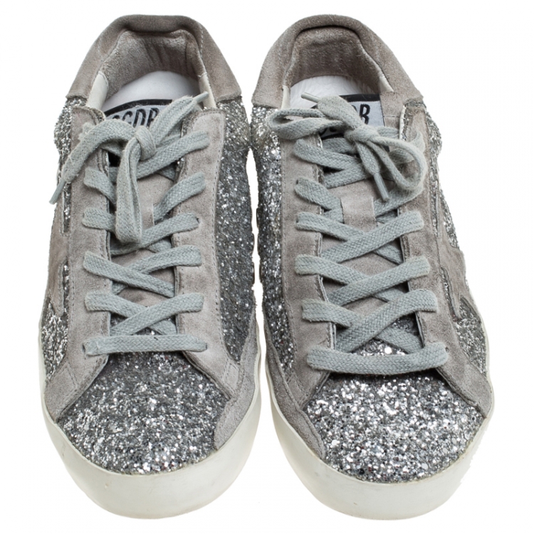 Pre Owned Golden Goose Grey/Silver Suede And Glitter Fabric Superstar Lace Up Sneakers Size 37
