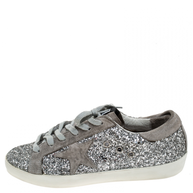 Golden Goose Grey/Silver Suede And Glitter Fabric Superstar Lace Up Sneakers  Size 37 Golden Goose | TLC