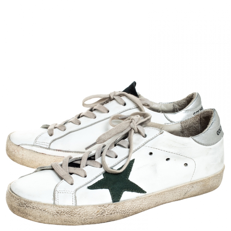 Pre Owned Golden Goose White Leather and Green Suede Superstar Lace Up Sneakers Size 38