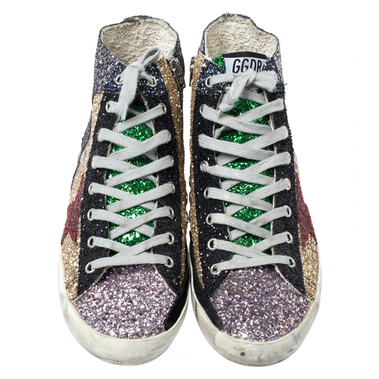 Pre Owned Golden Goose Multicolor Coarse Glitter And Suede High Top Sneakers Size 40