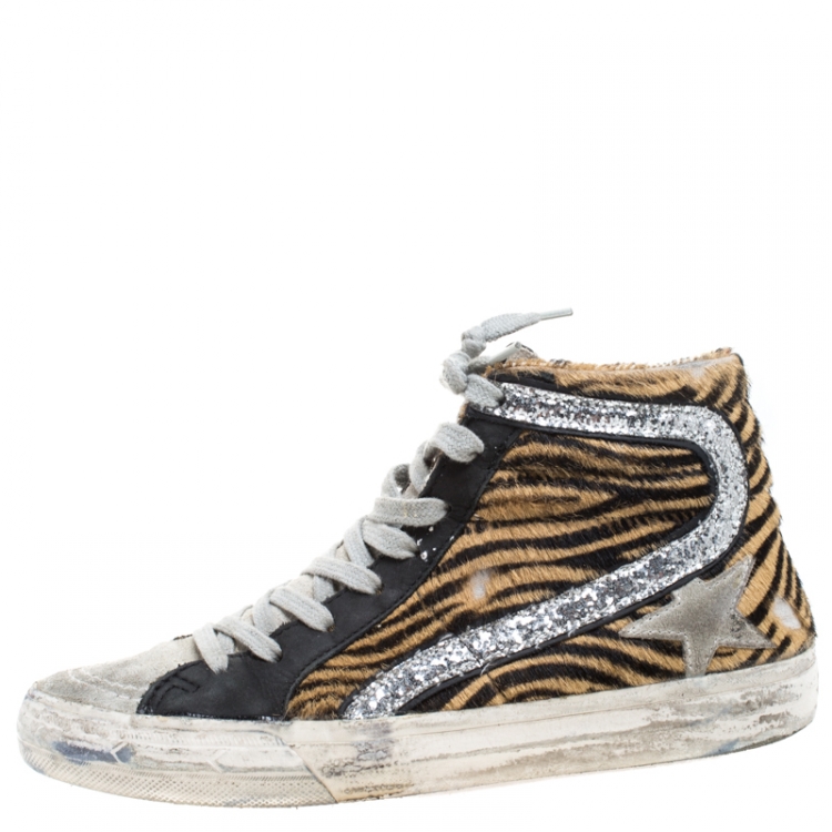 Pre Owned Golden Goose Multicolor Leather And Zebra Print Pony Hair High Top Sneakers Size 36