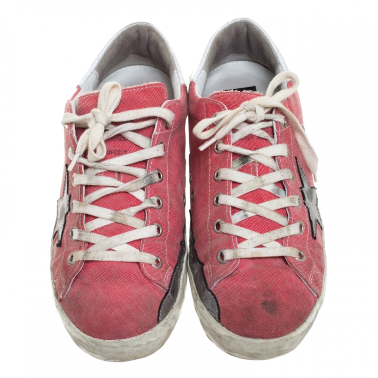Pre Owned Golden Goose Pink Denim And Metallic Silver Star Applique Low Top Sneakers Size 39