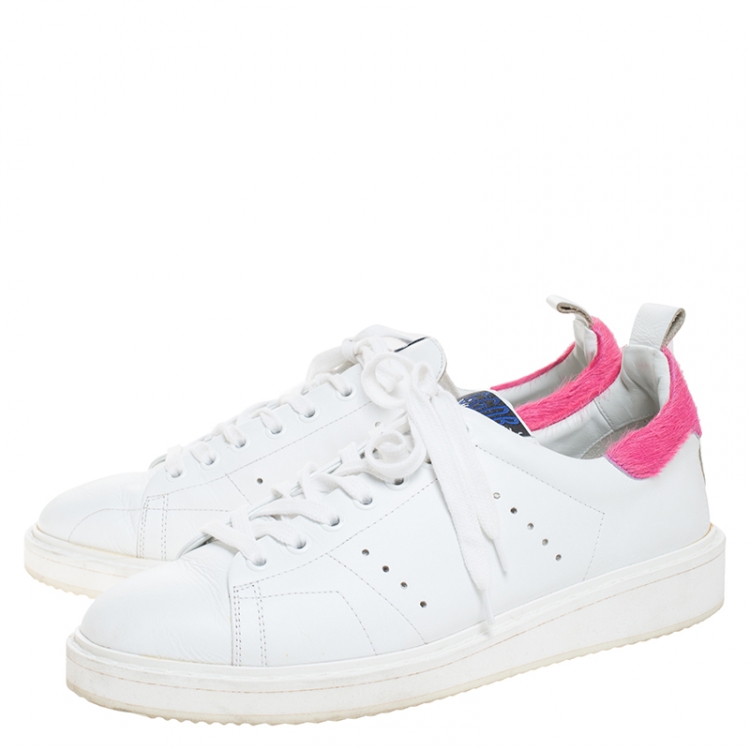 Pre Owned Golden Goose White/Pink Leather and Calfhair Trim Tennis Low Top Sneakers Size 39