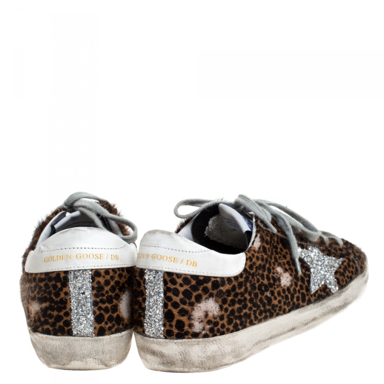 Pre Owned Golden Goose Brown Leopard Print Calfhair and Leather Superstar Low Top Sneakers Size 39
