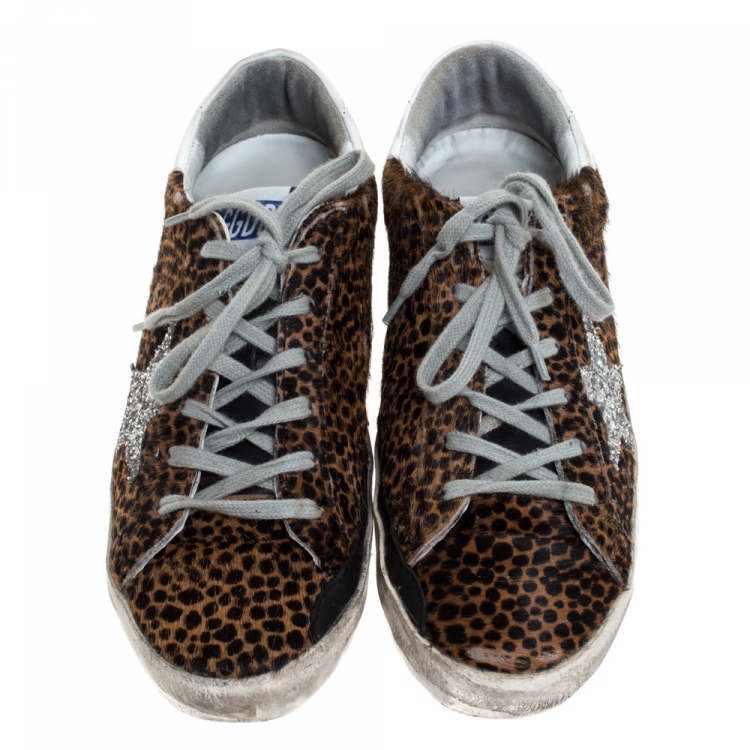 Pre Owned Golden Goose Brown Leopard Print Calfhair and Leather Superstar Low Top Sneakers Size 39