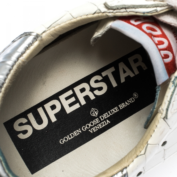Pre Owned Golden Goose White/Grey Croc Embossed Leather Superstar Low Top Sneakers Size 36