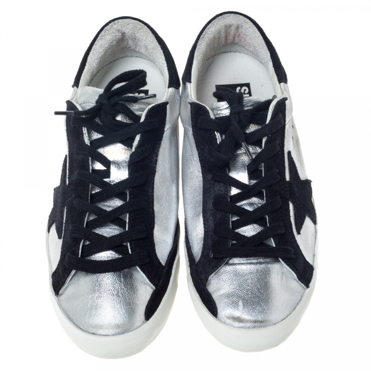Pre Owned Golden Goose Silver Leather And Black Suede Distressed Star Low Top Sneakers Size 39