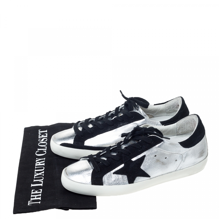 Pre Owned Golden Goose Silver Leather And Black Suede Distressed Star Low Top Sneakers Size 39