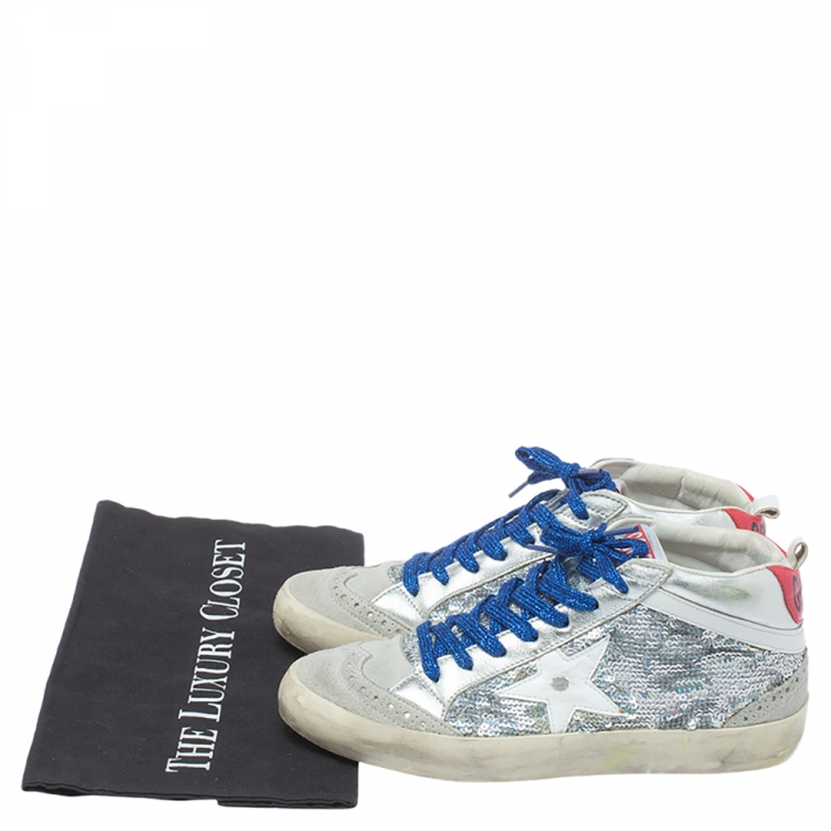 مملوكة مسبقًا Golden Goose Grey/Silver Sequins Suede Leather Mid Star High Top Sneakers Size 36