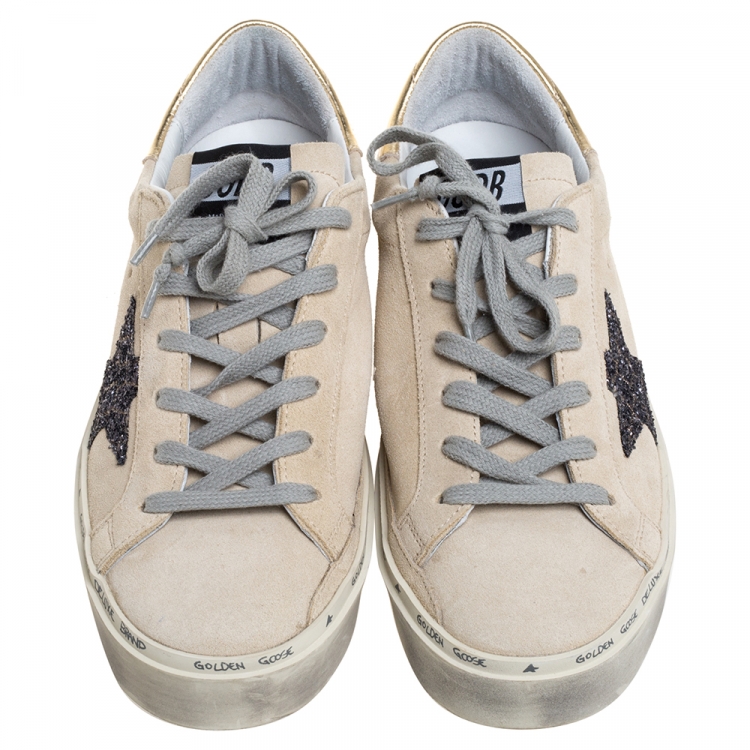 Pre Owned Golden Goose Cream Suede Glitter Star Low Top Sneakers Size 38