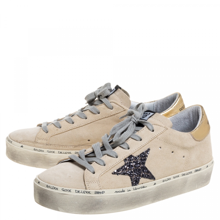 Pre Owned Golden Goose Cream Suede Glitter Star Low Top Sneakers Size 38