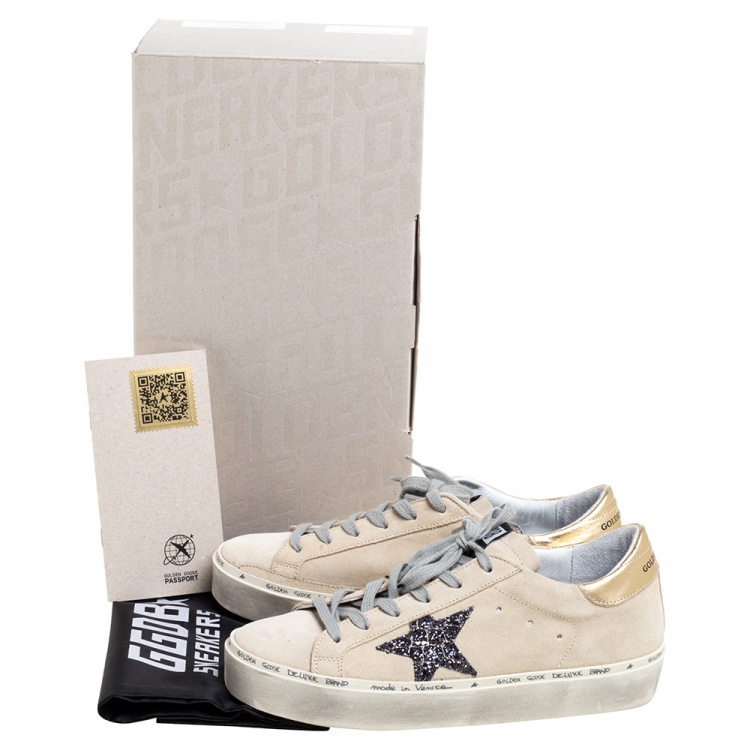 Pre Owned Golden Goose Cream Suede Glitter Star Low Top Sneakers Size 38