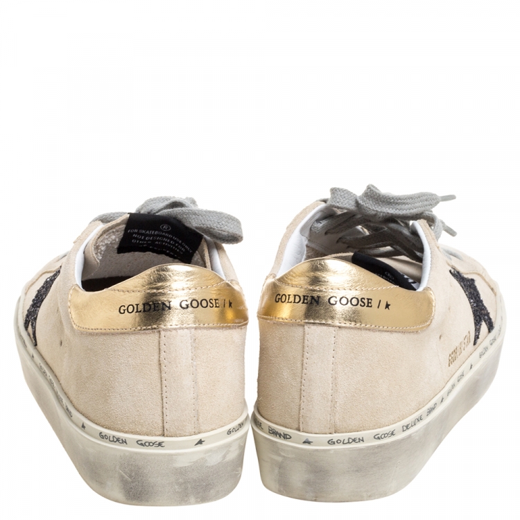 Pre Owned Golden Goose Cream Suede Glitter Star Low Top Sneakers Size 38