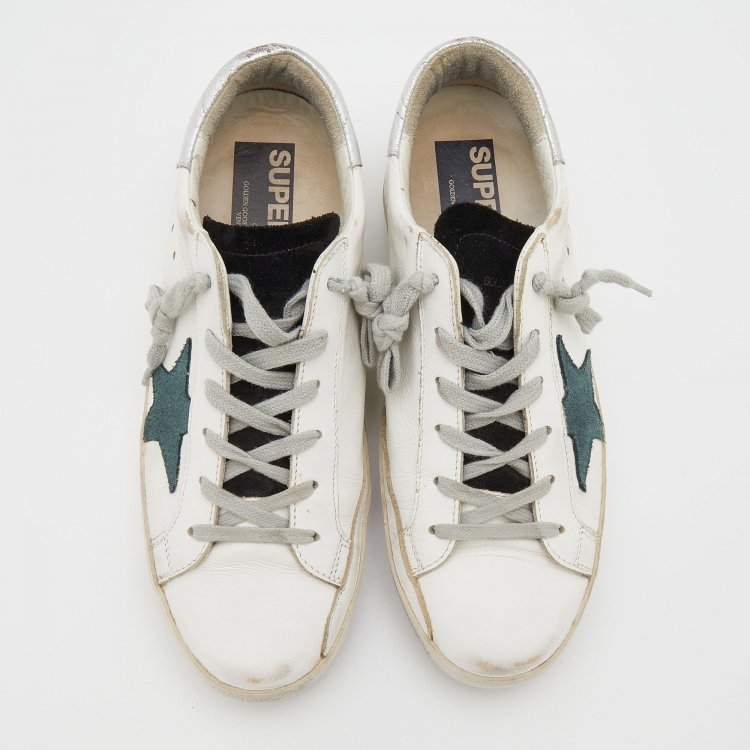 Pre Owned Golden Goose White/Green Leather and Suede Super Star Sneakers Size 39