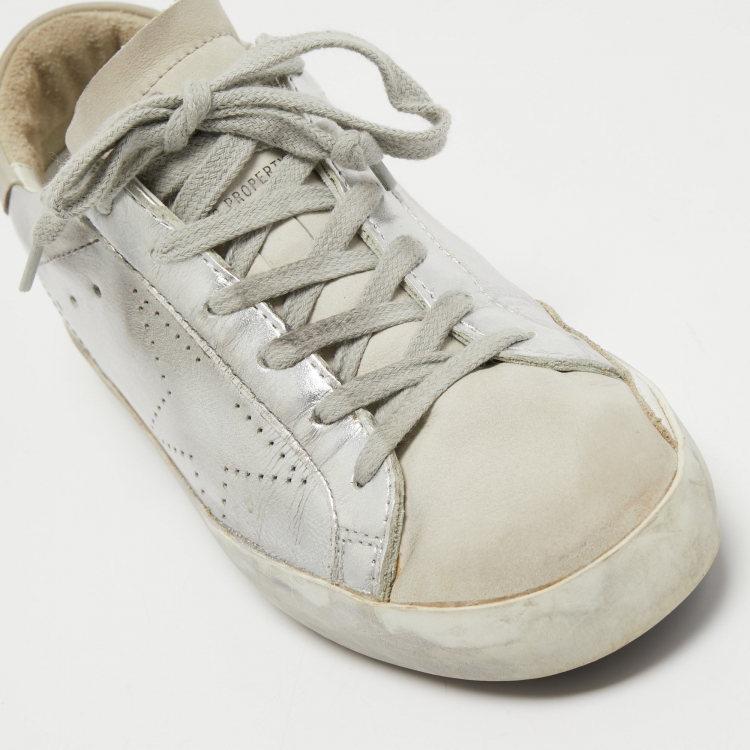 Pre Owned Golden Goose Silver/White Leather and Suede Superstar Sneakers Size 36