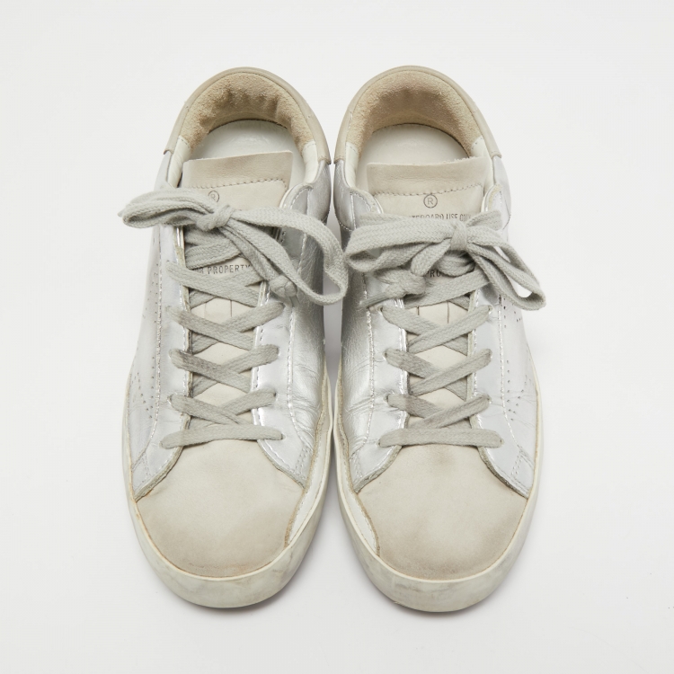 Pre Owned Golden Goose Silver/White Leather and Suede Superstar Sneakers Size 36