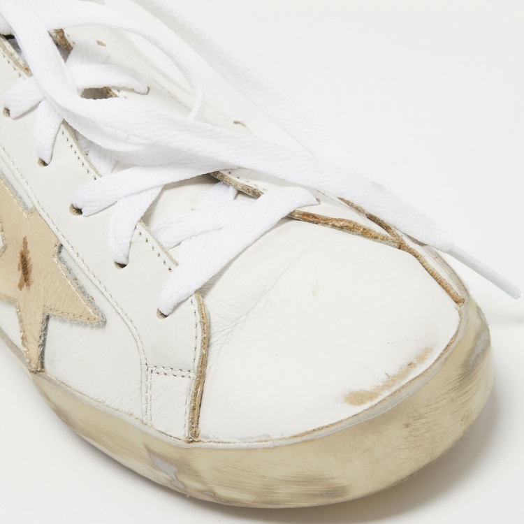 Pre Owned Golden Goose White/Gold Leather Superstar Sneakers Size 38