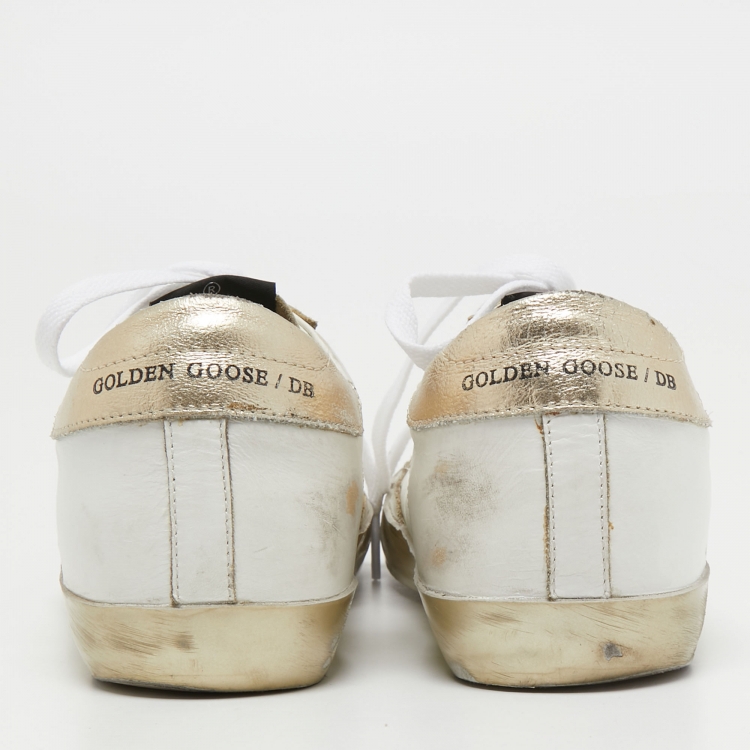 Pre Owned Golden Goose White/Gold Leather Superstar Sneakers Size 38