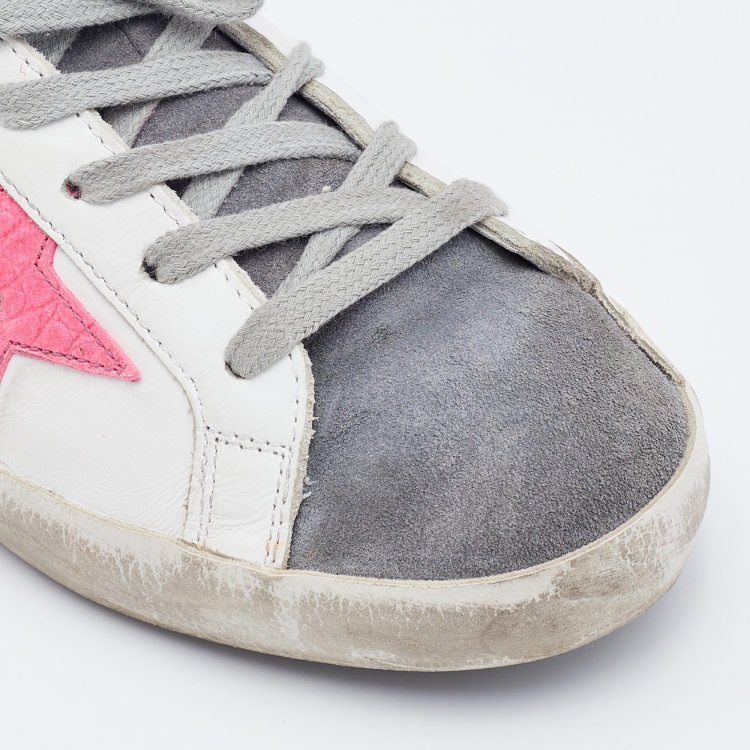 Pre Owned Golden Goose White/Grey Leather and Suede Super Star Low Top Sneakers Size 37