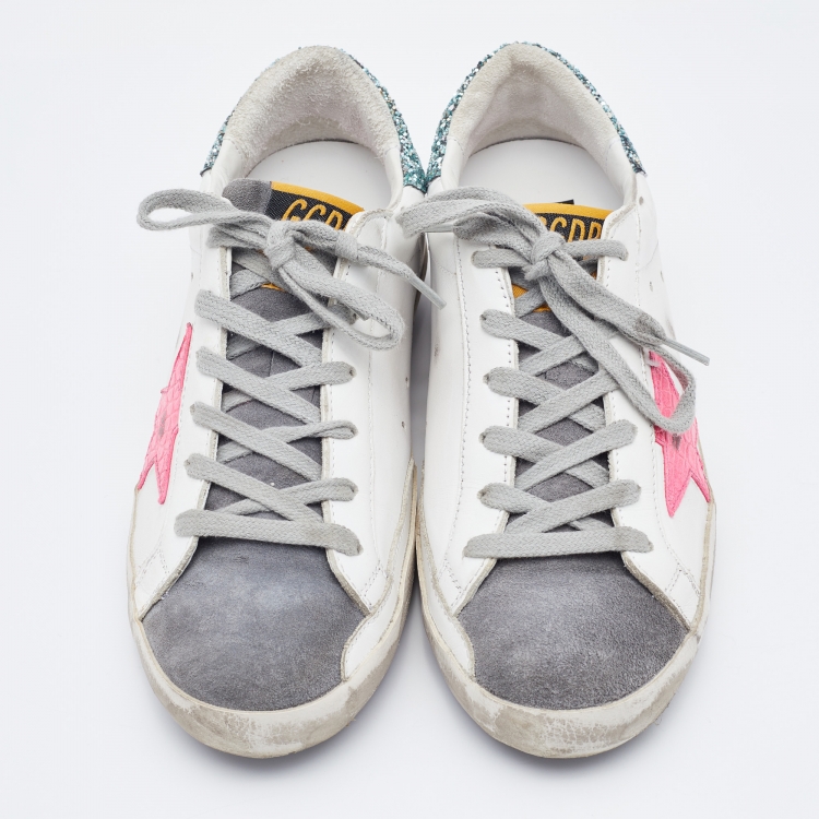 Pre Owned Golden Goose White/Grey Leather and Suede Super Star Low Top Sneakers Size 37