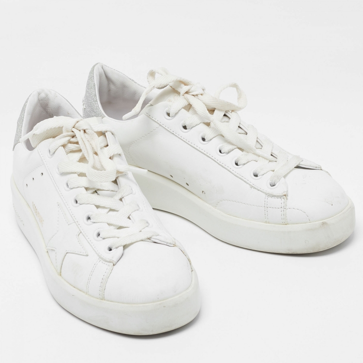 Pre Owned Golden Goose White/Silver Leather and Glitter Purestar Sneakers Size 36