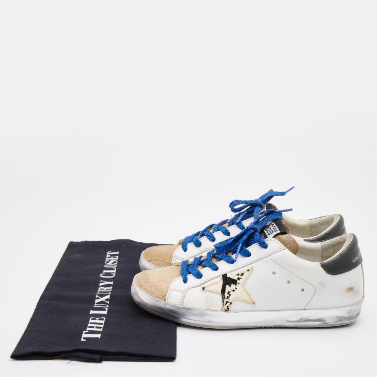 Pre Owned Golden Goose White/Brown Leather and Suede Super Star Low Top Sneakers Size 37