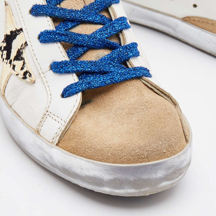 Pre Owned Golden Goose White/Brown Leather and Suede Super Star Low Top Sneakers Size 37