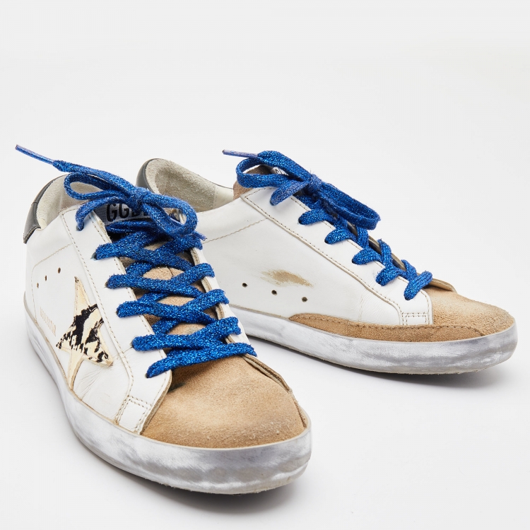 Pre Owned Golden Goose White/Brown Leather and Suede Super Star Low Top Sneakers Size 37