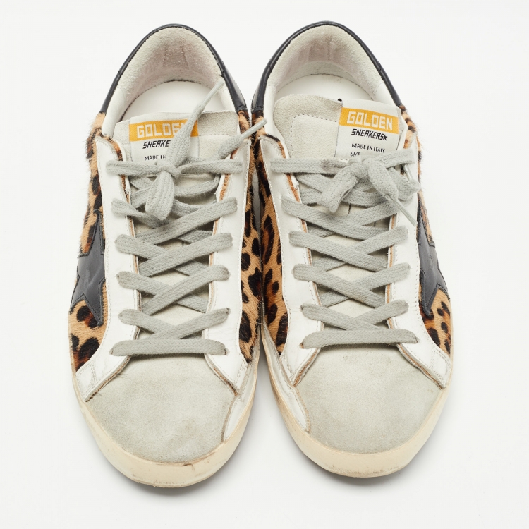 Pre Owned Golden Goose Tricolor Leopard Print Calf Hair and Leather Superstar Sneakers Size 38