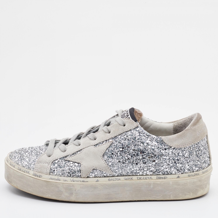 Golden Goose Silver/Grey Glitter and Suede Hi Star Low-Top