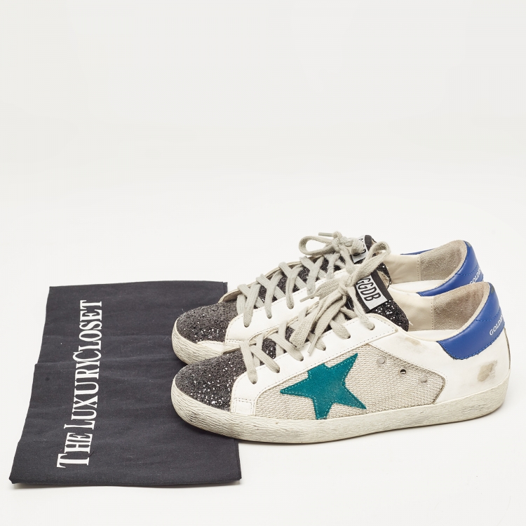 Pre Owned Golden Goose Tricolor Leather, Coarse Glitter and Mesh Superstar Sneakers Size 36